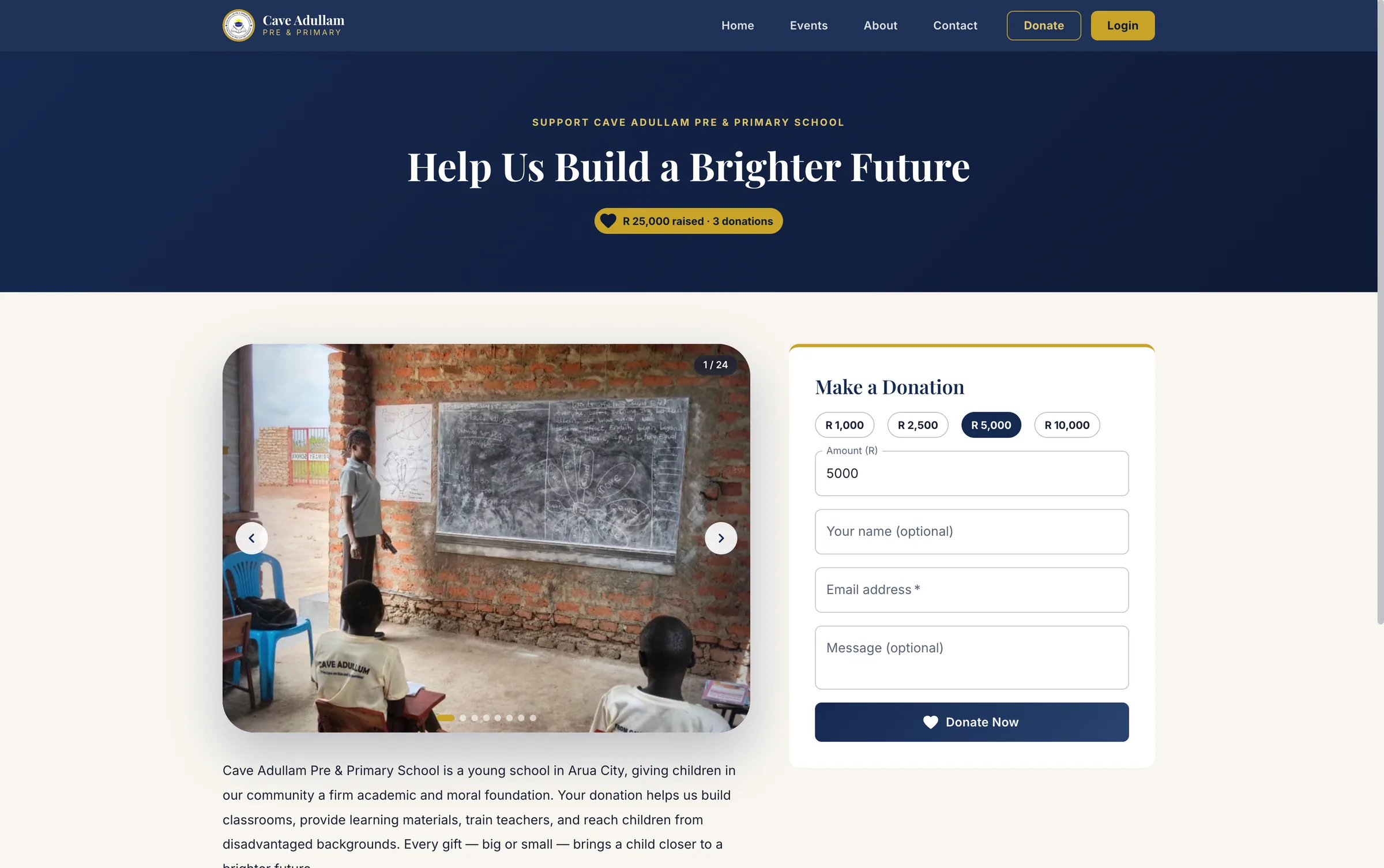 Donation campaign page with live raised total
